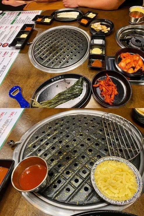 고기를 찍어 먹을 수 있는 여러가지 장(된장, 소금 등)과 명이나물, 김치 등 반찬 등이 있는 상차림 모습과 불판 위에 있는 젓갈과 치츠 사진이다.