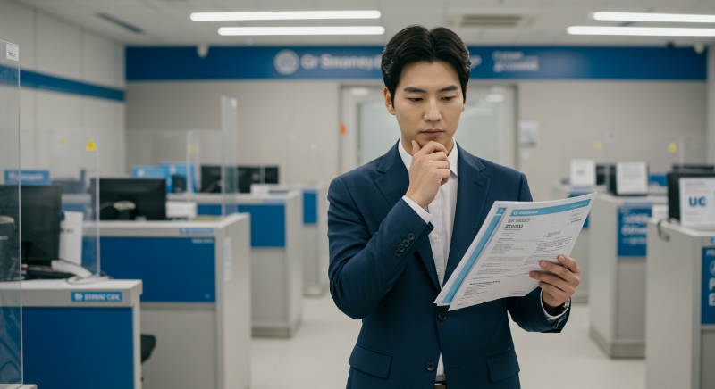 환전을 위해 은행을 고를 때 비교해야 할 6가지 요소를 확인하는 남성