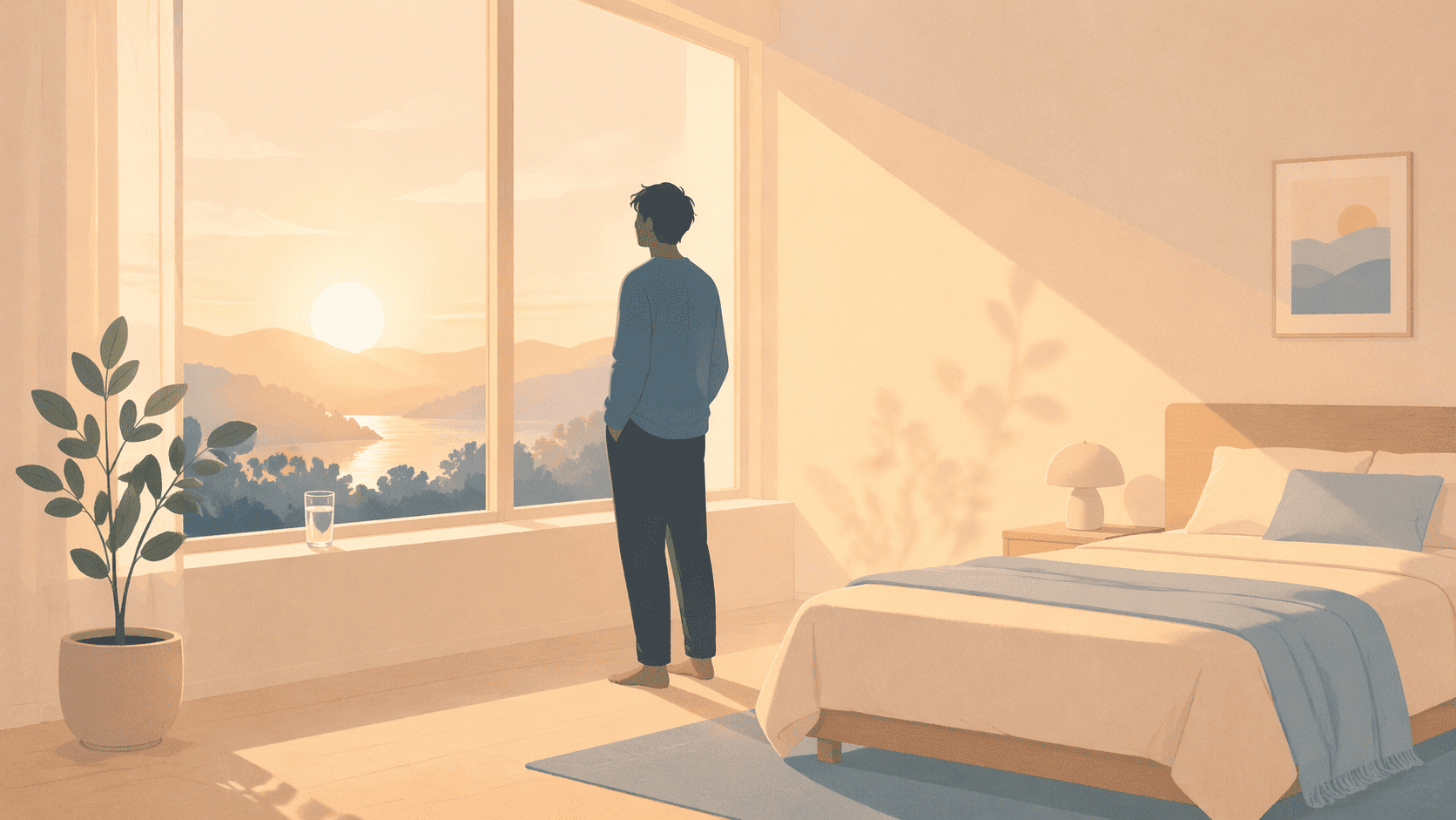 기상 후 창가에서 아침 햇빛을 쐬며 세로토닌을 활성화하는 30분 모닝 루틴 일러스트