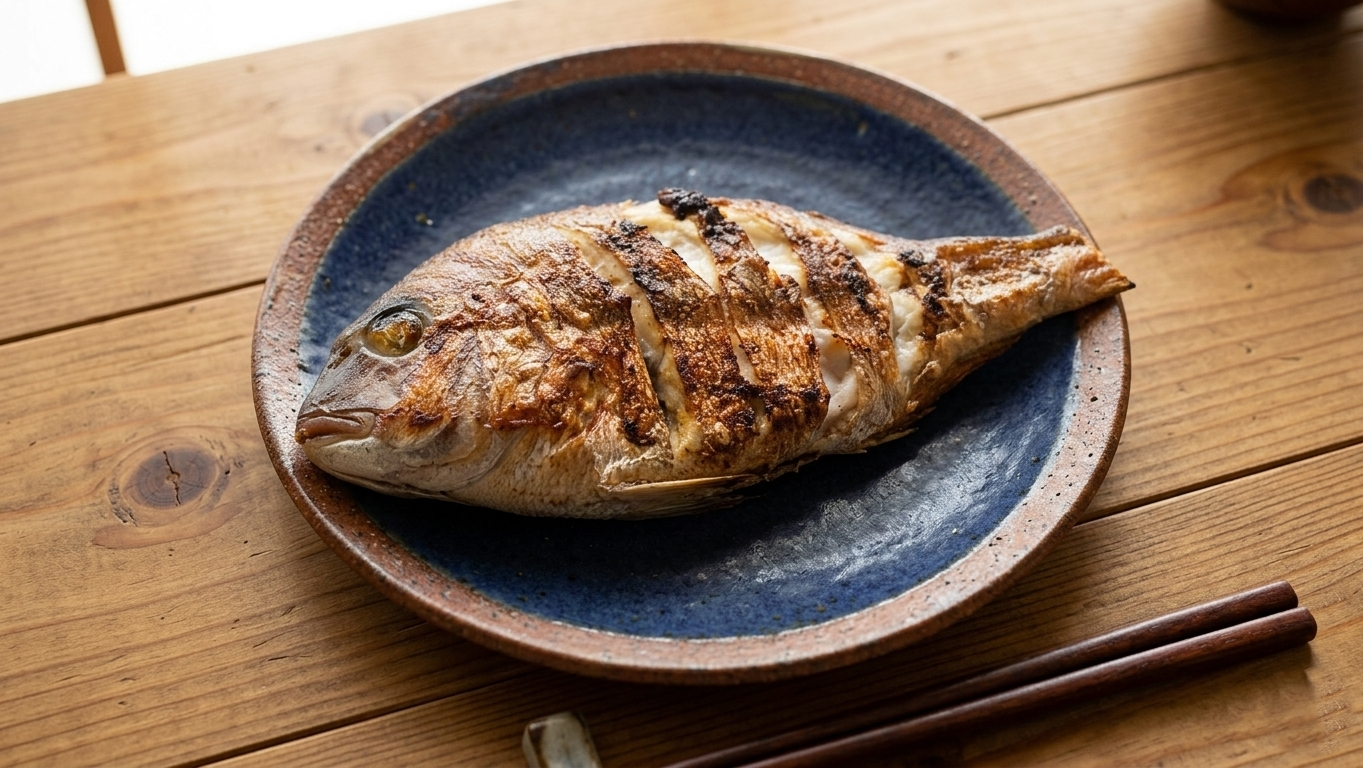 접시에 노릇하게 구워진 도미 소금구이.