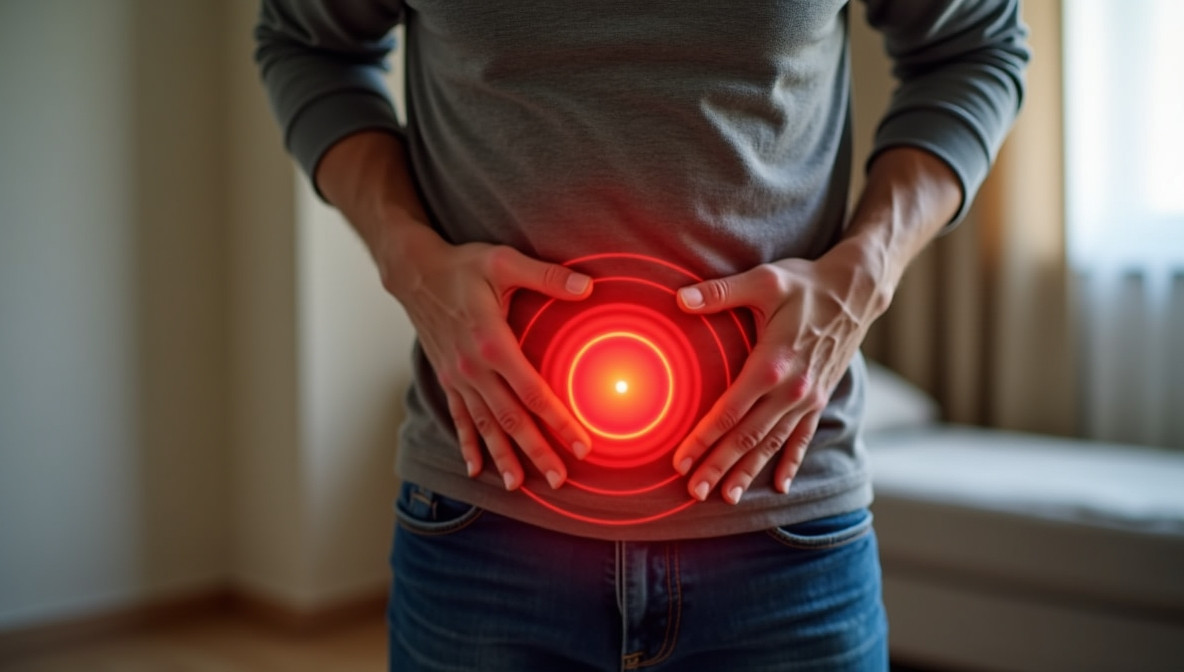 남성이 은은한 조명 아래 약간 불편한 표정으로 실내에 서 있으며, 고관절 부위를 양손으로 살짝 감싸듯 올리고 있는 사진