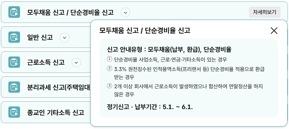 종합소득세 신고유형 中 모두채움/단순경비율 신고 (국세청 홈텍스)
