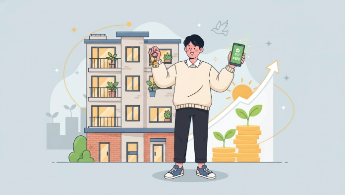 월세 지원을 받아 편안하게 미소 짓는 청년이 아파트 앞에서 스마트폰과 열쇠를 들고 있는 모습, 주거 안정의 희망을 상징합니다.