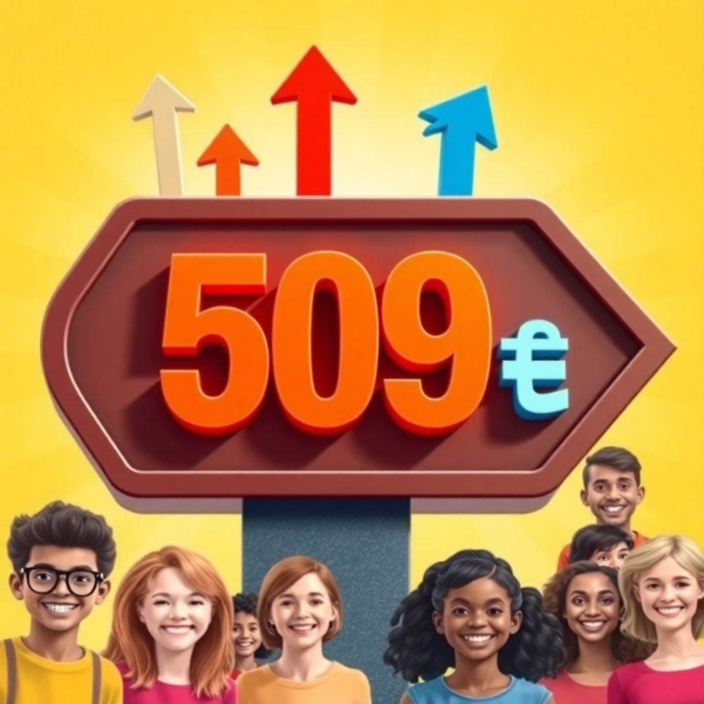 509만원이라는 숫자가 강조된 표지판이나 이정표가 보이고, 그 주변에는 상승하는 화살표와 웃는 얼굴의 사람들이 보입니다. 이는 소득 기준 상향으로 인한 긍정적인 변화를 상징합니다.