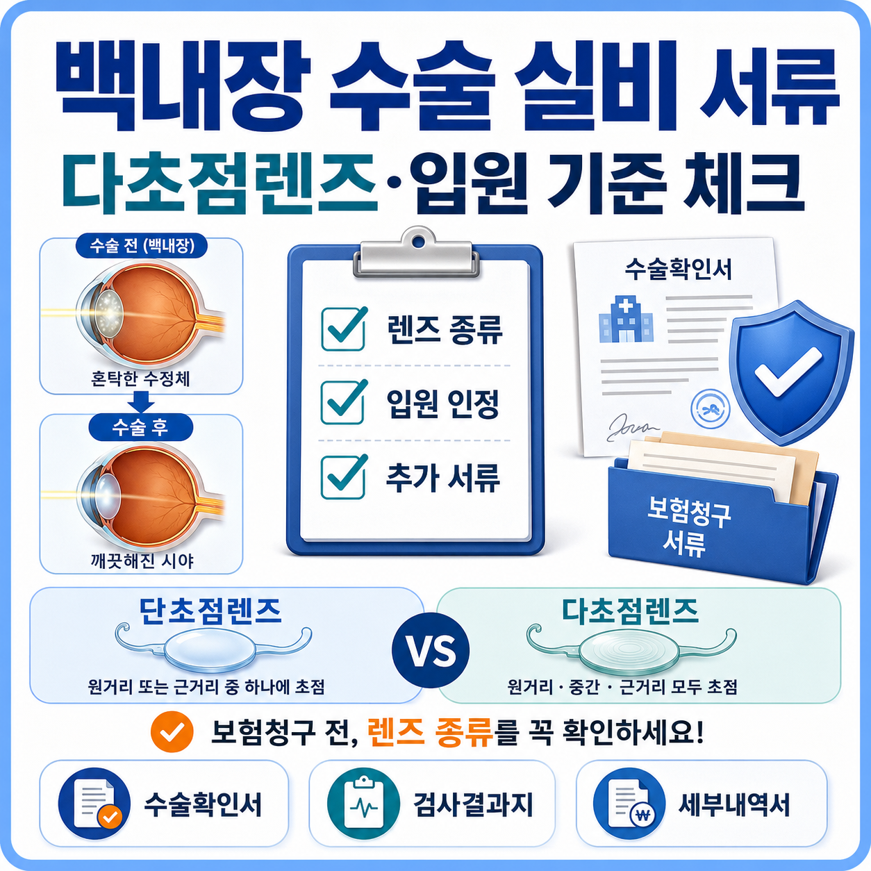 백내장 수술 실비 청구 전 다초점렌즈와 입원 인정 기준, 제출서류를 확인하는 카드형 대표 이미지