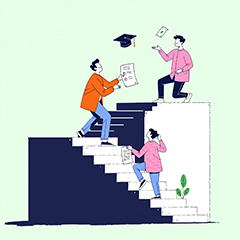 장학금 신청을 위한 노력과 성과를 상징하는 장면. 계단을 오르며 졸업장과 서류를 받는 모습