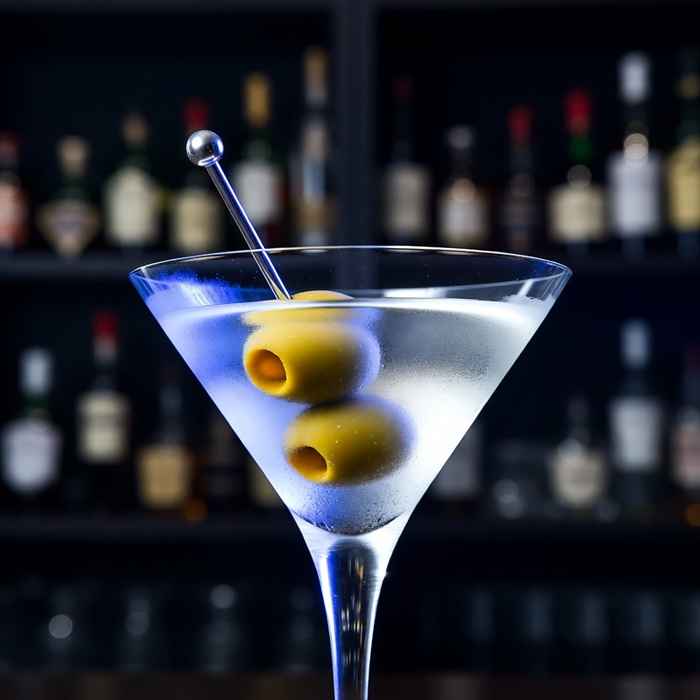 올리브 가니시가 들어간 클래식 보드카 마티니 완성 사진