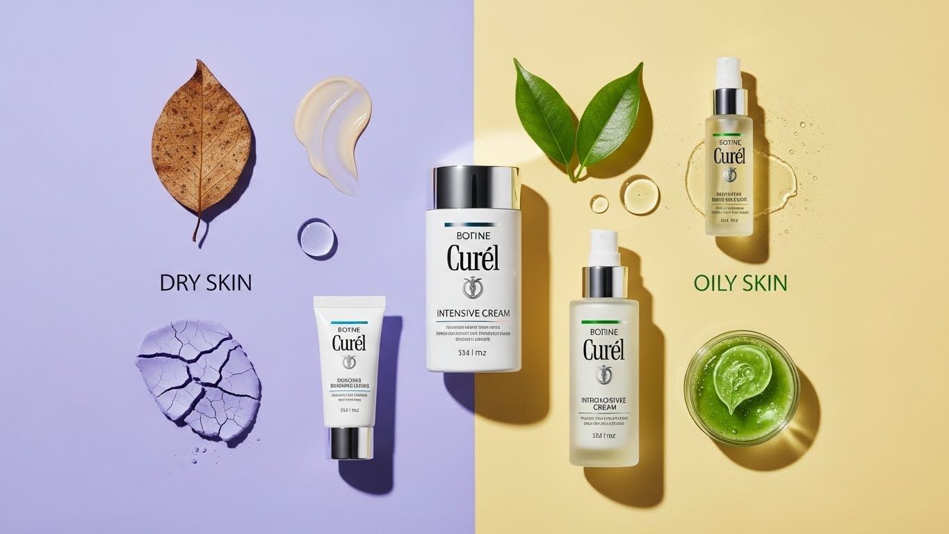 다양한 스킨케어 제품의 시각적으로 매력적이고 현대적인 플랫 레이로, 큐렐 인텐시브 크림 튜브나 병이 눈에 띄게 특징입니다.