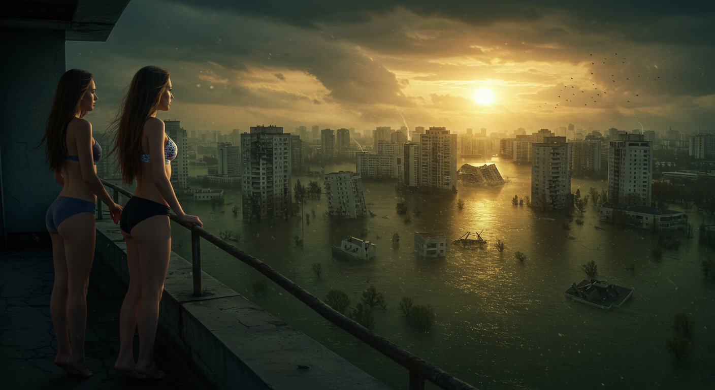 물에 잠긴 도시를 바라보는 여성들
