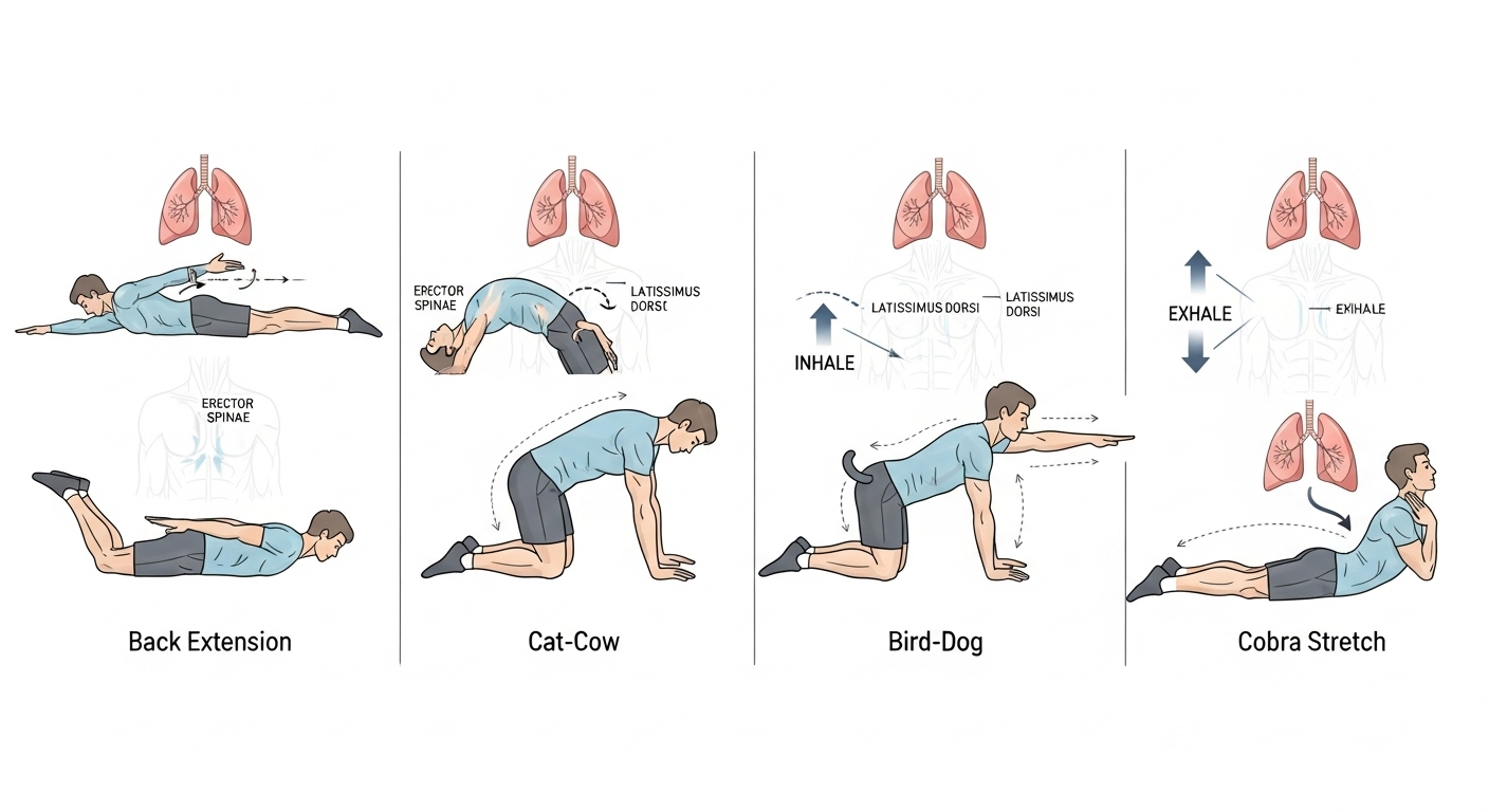 허리 운동 4가지 동작을 단계별로 보여주는 일러스트