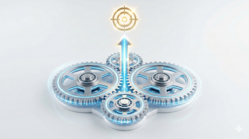 4가지 창립총회 절차가 완벽하게 맞물려 돌아가는 톱니바퀴를 통해, 전문가의 통합 솔루션으로 성공적인 설립과 우상향 비즈니스를 달성하는 개념도