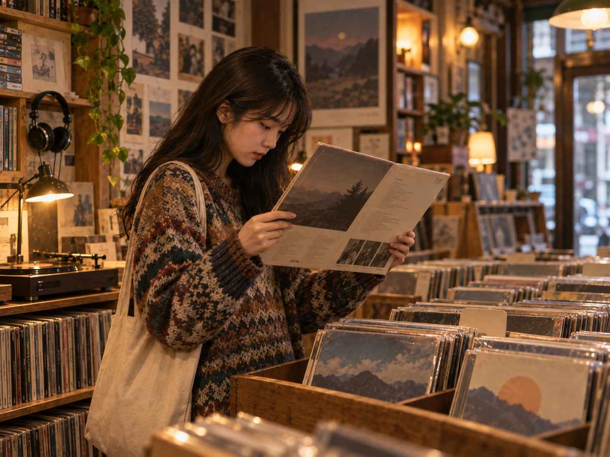 레코드점에서 LP 음반의 뒷면을 들여다보며 수록곡 정보를 확인하는 여성
