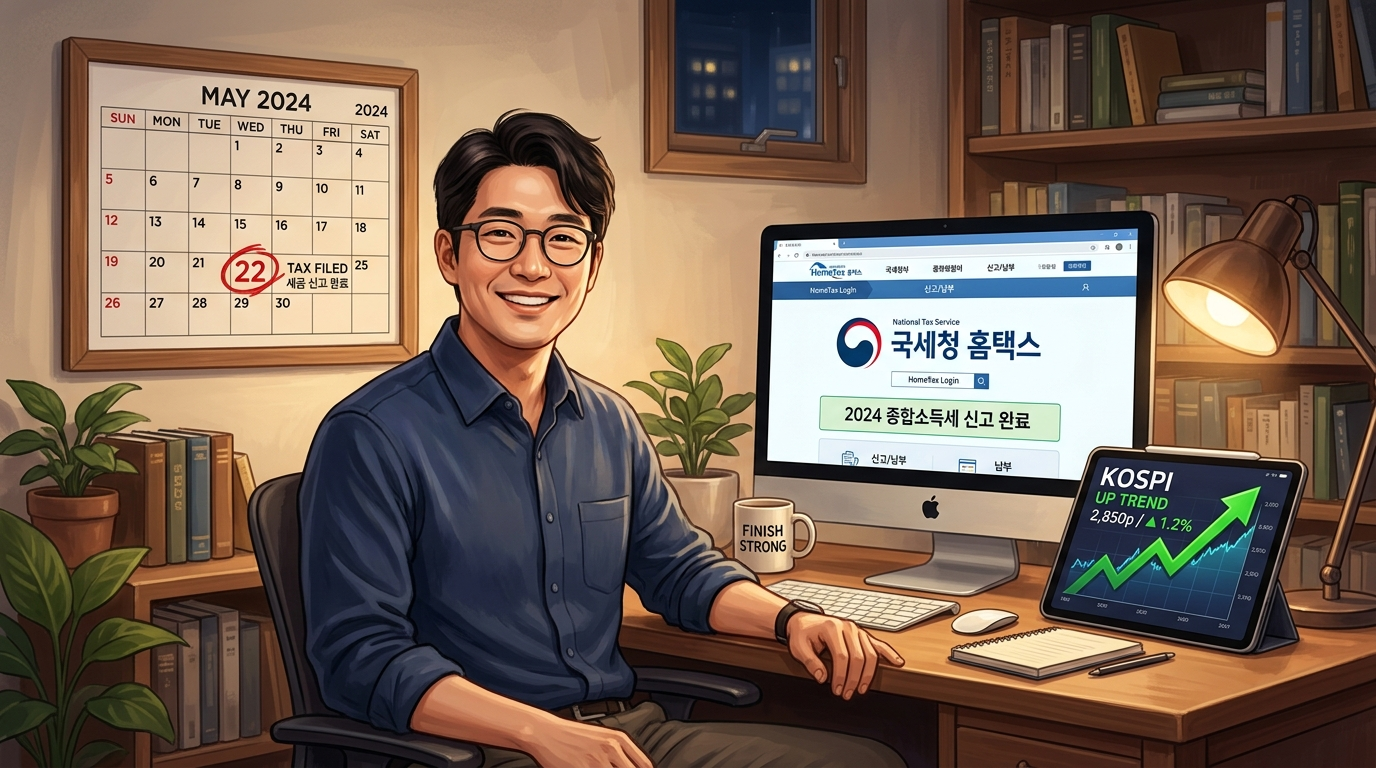 달력의 5월 22일에 붉은색 동그라미가 쳐져 있고, 그 옆에 서류 가방을 든 직장인이 확신에 찬 미소를 지으며 홈택스 공제 화면과 반도체 우상향 그래프를 함께 바라보는 스마트한 투자자의 일러스트