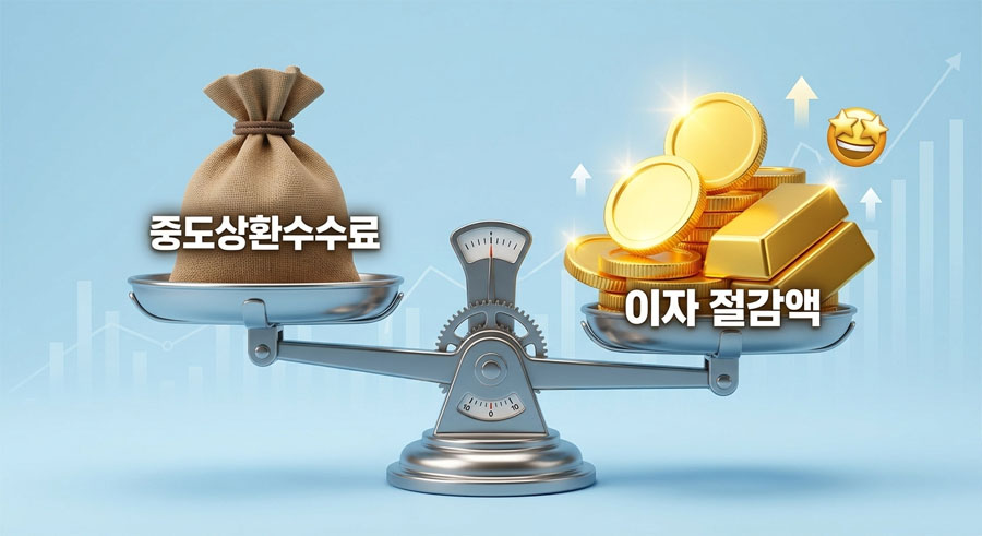 대출 갈아타기 타이밍을 판단하기 위해 중도상환수수료와 예상 이자 절감액의 크기를 비교한 시각 자료. 실질 이득이 발생하는 구조를 보여줌.