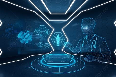 Doctor viewing holographic medical AI interface with patient data in futuristic clinical environment