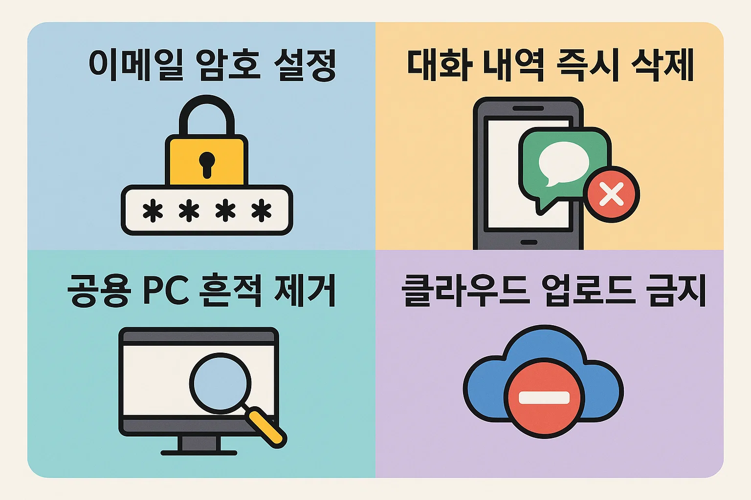 이메일 암호 설정, 대화 내역 즉시 삭제, 공용 PC 흔적 제거, 클라우드 업로드 금지 등 개인정보 보호를 위한 관리 인포그래픽.