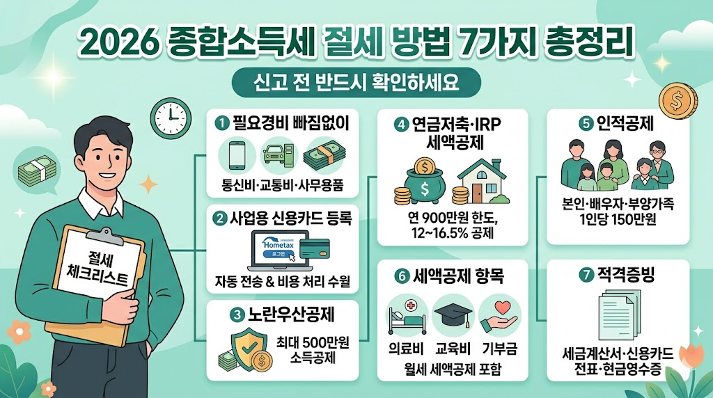 2026 종합소득세 절세 방법 7가지 총정리'를 주제로 한 상세 인포그래픽. 각 항목별로 구체적인 수치와 핵심 내용이 포함되어 있습니다. ① 필요경비(통신비&middot;교통비 등), ② 사업용 신용카드 등록(자동 전송), ③ 노란우산공제(최대 500만원 소득공제), ④ 연금저축&middot;IRP(연 900만원 한도), ⑤ 인적공제(1인당 150만원), ⑥ 세액공제(의료비&middot;교육비&middot;기부금&middot;월세), ⑦ 적격증빙(세금계산서&middot;현금영수증 등)의 내용이 아이콘과 함께 체계적으로 정리되어 있습니다. 왼쪽에는 체크리스트를 든 전문가 일러스트가 있어 신뢰감을 주며, 전체적으로 깔끔한 정보 전달형 레이아웃입니다.