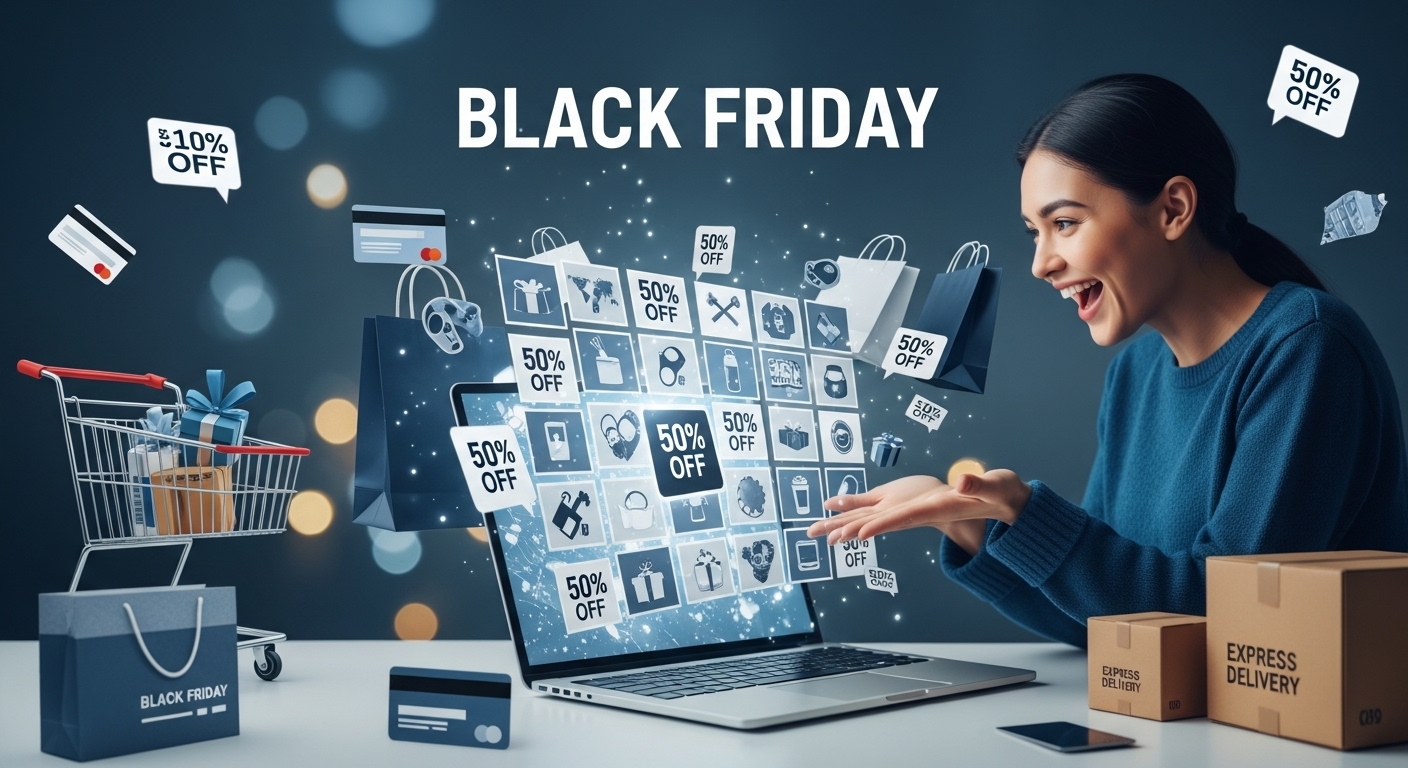 2025년 블랙프라이데이 해외직구를 통해 다양한 상품을 성공적으로 구매하는 모습, 할인율이 크게 표시된 노트북 화면과 쇼핑백, 신용카드가 보이는 역동적인 이미지.