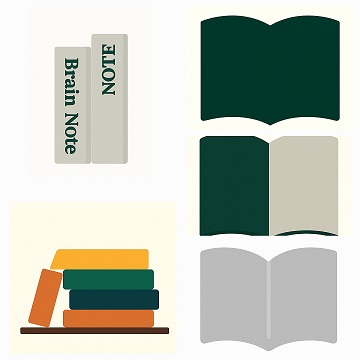 왼쪽에는 &lsquo;Brain Note&rsquo;라고 적힌 책등 이미지 2권이 세워져 있고,
오른쪽에는 펼쳐진 책 3권(검정, 반반색, 회색)이 세로로 배열되어 있으며,
아래에는 다양한 색상의 책들이 쌓인 책더미가 수평으로 정렬되어 있다.
이 구조는 브레인 노트 시리즈의 콘텐츠 진행 상태를 시각적으로 표현한 위젯 설계로,
발행된 글(검정 책), 진행 중인 글(반반 책), 예정된 글(회색 책),
그리고 과거 발행한 글을 쌓아둔 책더미까지 콘텐츠 흐름을 책 모양으로 나타낸 구조이다.