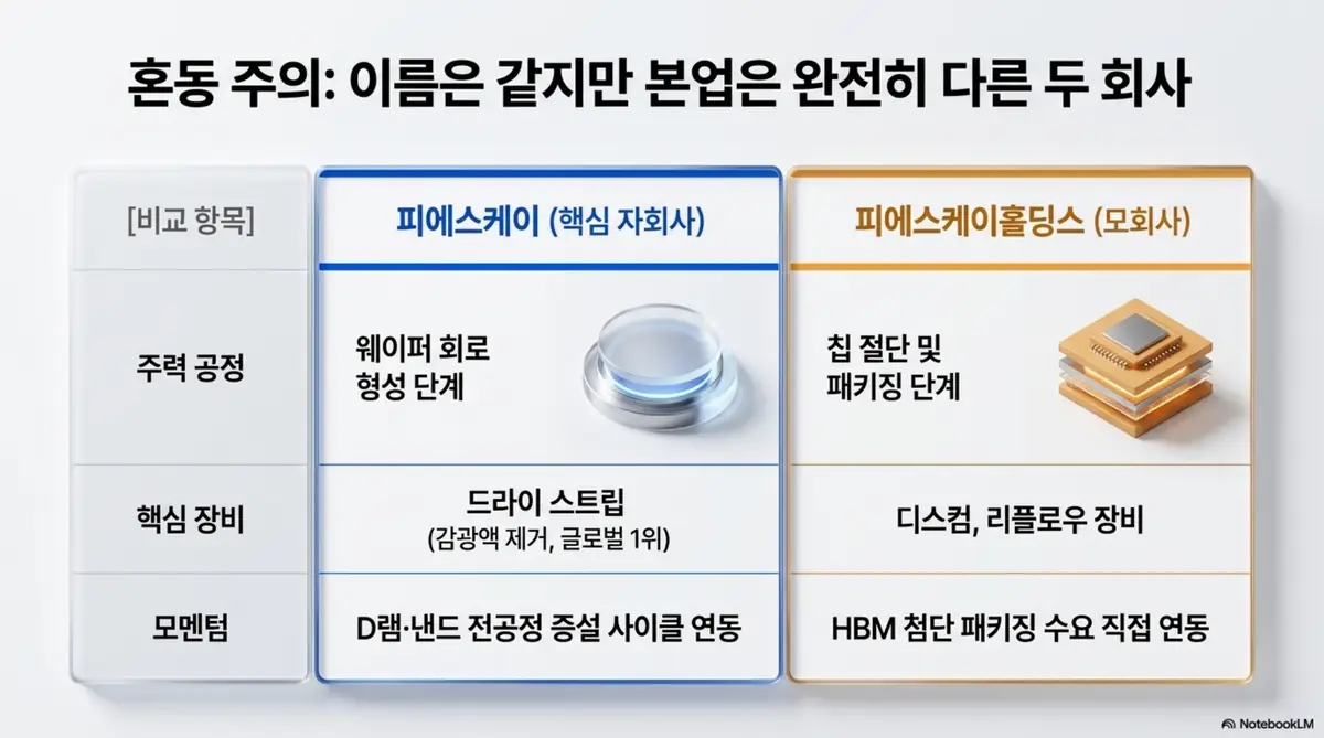 피에스케이 주가 전망: 피에스케이와 피에스케이홀딩스의 사업 구조 차이를 비교한 표 이미지. 핵심 자회사 피에스케이는 웨이퍼 회로 형성 전공정과 드라이 스트립 장비를, 모회사 피에스케이홀딩스는 칩 절단·패키징 후공정과 디스컴·리플로우 장비를 담당함을 시각적으로 전달하며, 블로그의 두 회사 구분 설명과 관련된 내용을 설명함