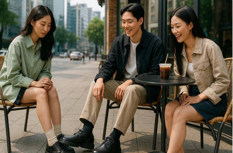 카페 테라스에서 대화하는 청년 3명 모습.