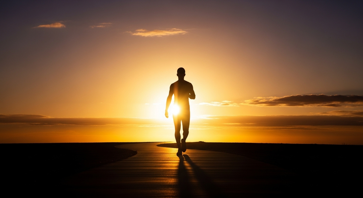 건강하게 걷는 사람의 실루엣 뒤로 밝게 떠오르는 해