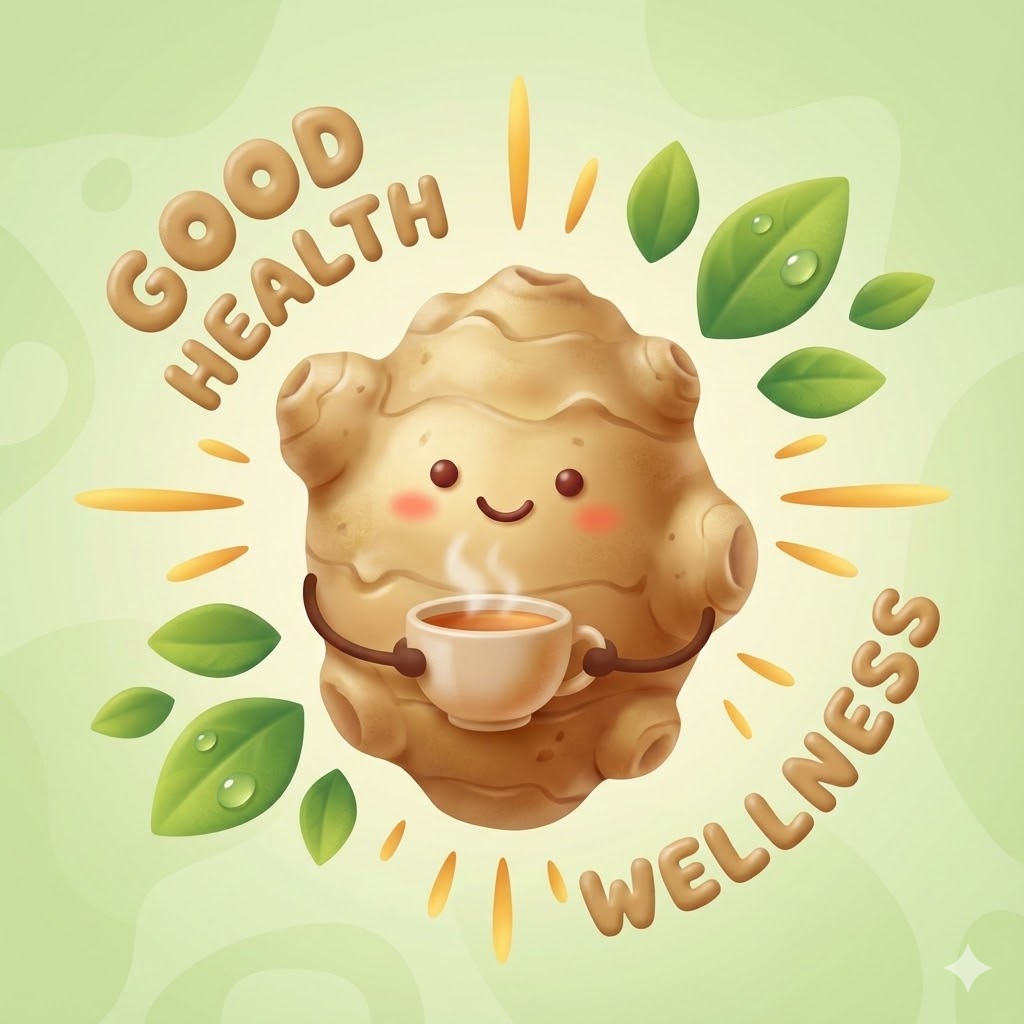 웃고 있는 귀여운 돼지감자 캐릭터가 따뜻한 차 한 잔을 들고 있는 3D 카툰 일러스트. 'GOOD HEALTH'라는 영문 텍스트가 주변에 디자인 요소로 들어가 있어 건강한 느낌을 줍니다.