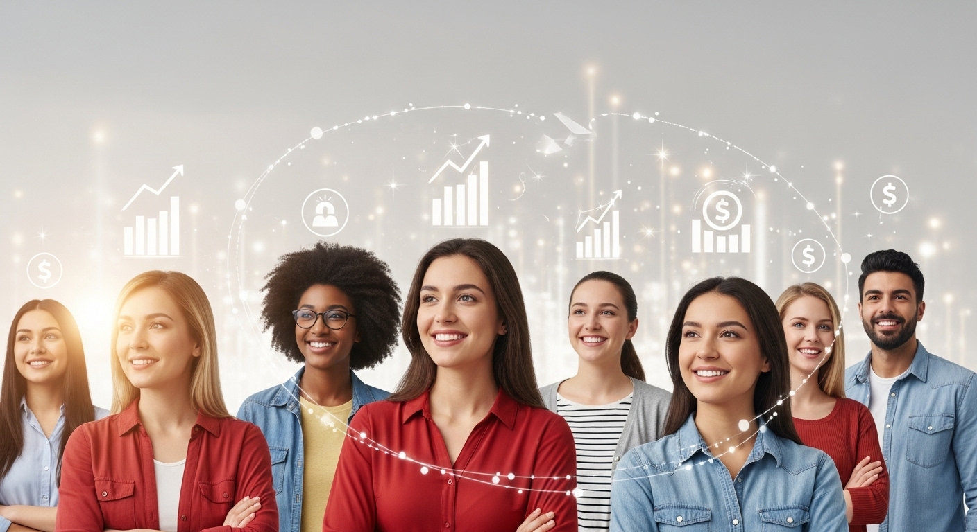 다양한 청년들이 밝은 미래를 향해 웃으며 나아가는 모습, 청년도약계좌의 강화된 혜택으로 자산 성장을 이루는 희망찬 비전