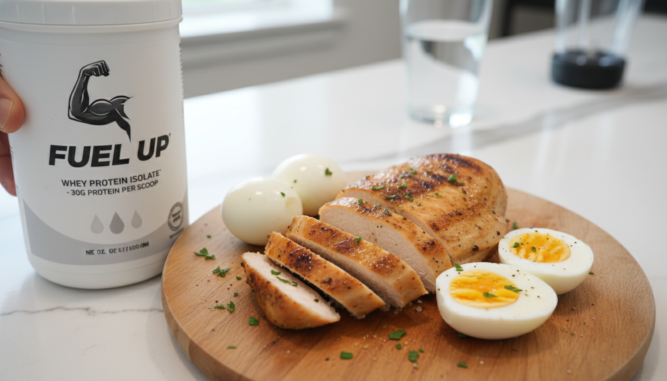 단백질 보충제, 닭가슴살, 삶은 계란 등 다이어트에 중요한 단백질 식품들이 놓여 있는 모습.