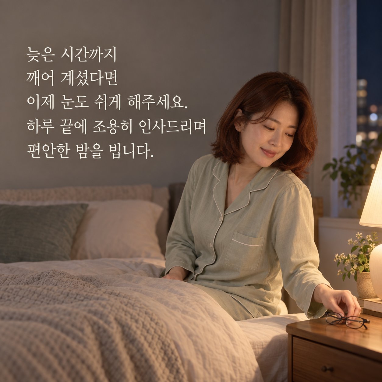 잠들기 전 편안한 밤 인사 이미지 29 — 늦은 시간까지 깨어 계셨다면 이제 눈도 쉬게 해주세요. 하루 끝에 조용히 인사드리며 편안한 밤을 빕니다.