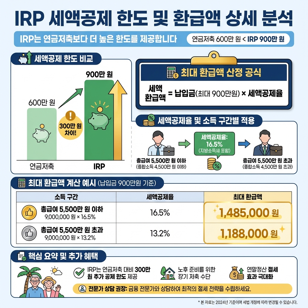 IRP_세액공제_한도_환급액_상세분석_연900만원_16.5퍼센트_13.2퍼센트_요약인포그래픽