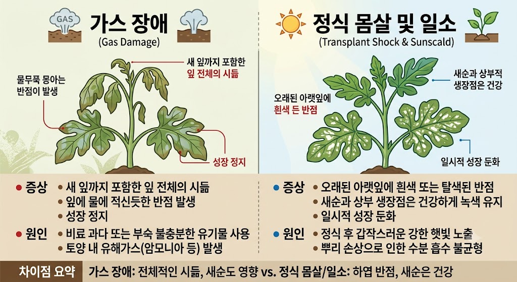 수박 모종 가스장애와 정식 몸살 일소현상의 차이점을 설명하는 다이어그램