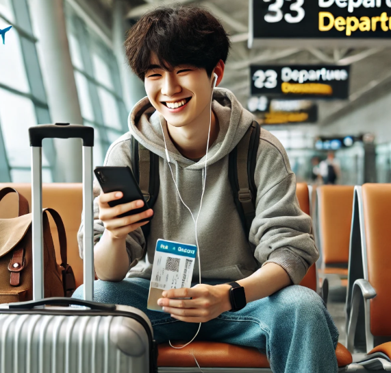 출국 직전, 설렘과 약간의 긴장이 섞인 모습