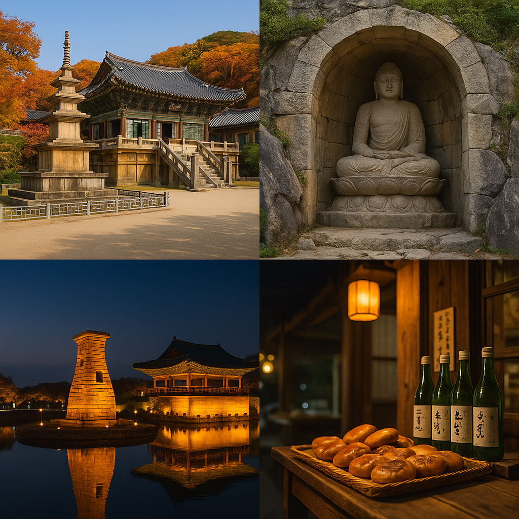 불국사의 가을 단풍과 석굴암 본존불, 황혼에 빛나는 첨성대·동궁과 월지 야경, 그리고 노점에 진열된 황남빵과 교동 법주가 네 컷으로 어우러진 사진