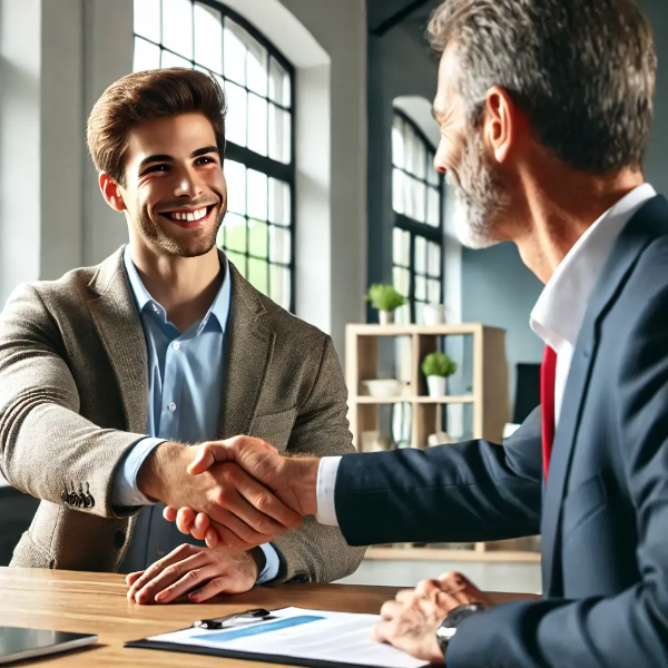 정부 융자 승인 후 금융 전문가와 악수하는 중소기업 대표, 신뢰와 파트너십 분위기
