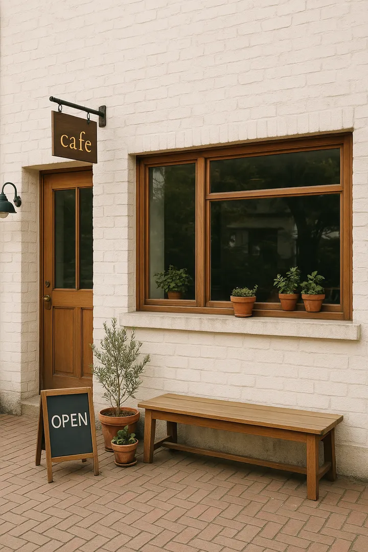 부산 감성 카페의 외관과 조용한 거리 분위기