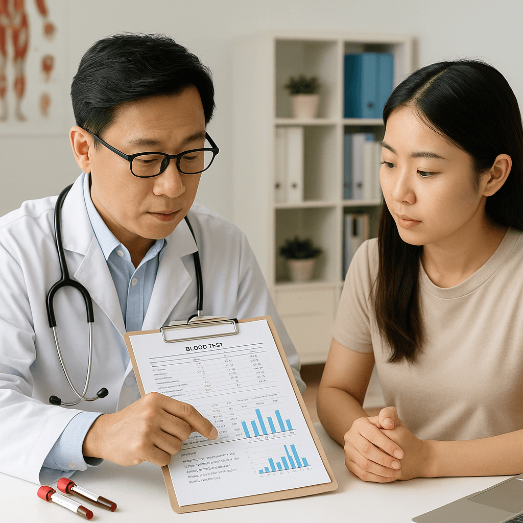의사와 젊은 한국인 여성이 건강검진 결과표를 함께 보며 설명을 나누는 모습