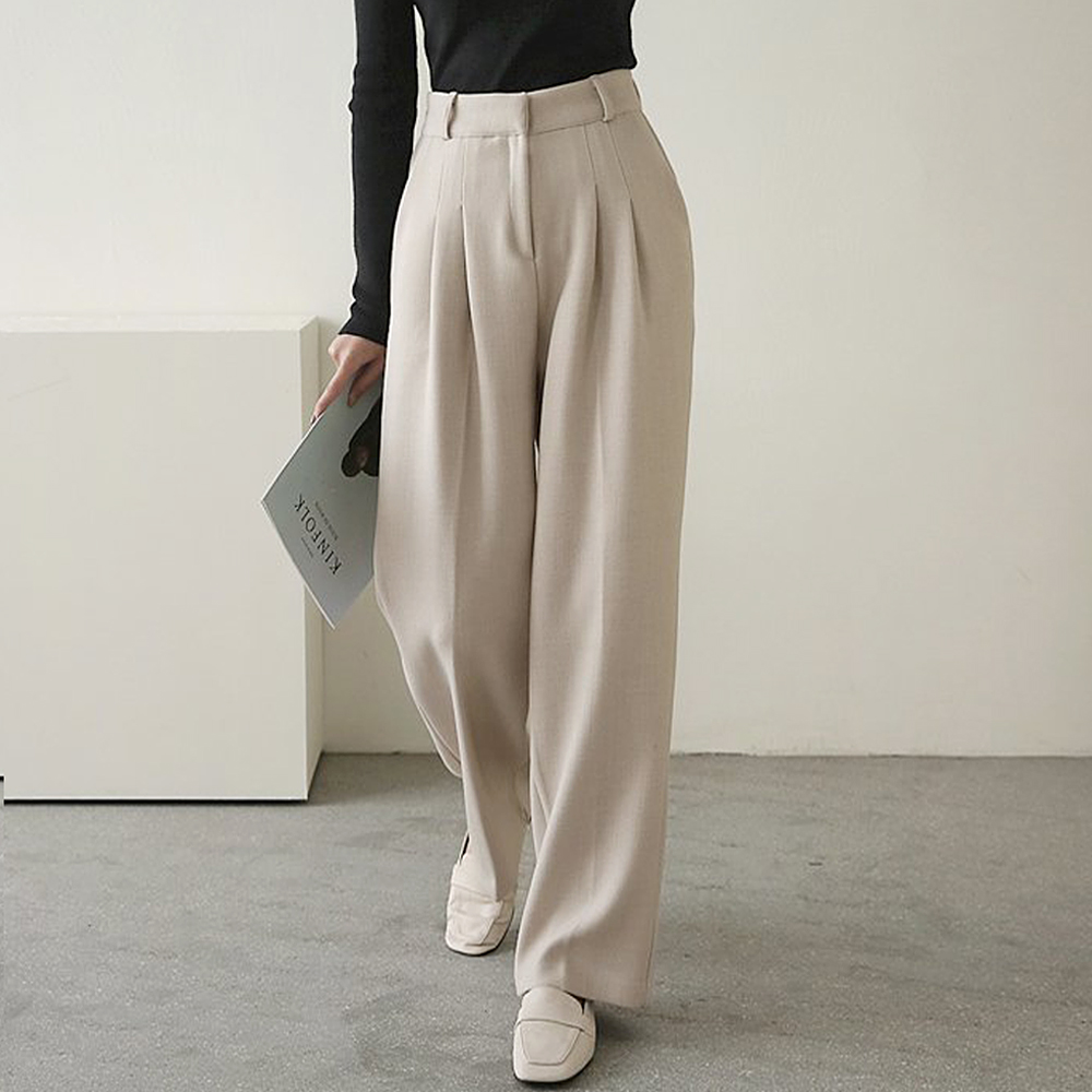 베이지 그레이 블랙 겨울 하이웨스트 여성 핀턱 와이드 슬랙스