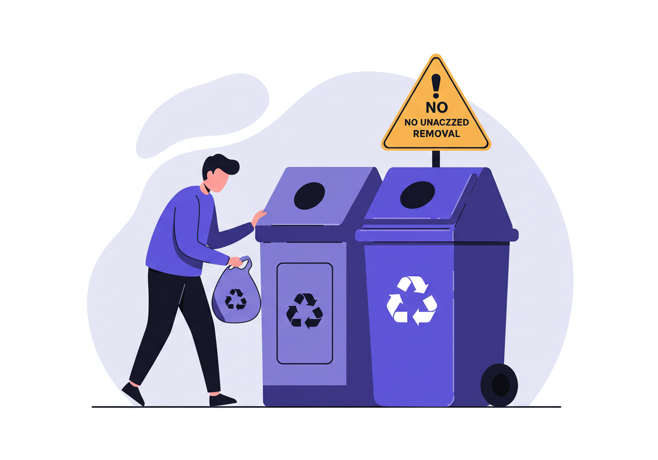 공공 분리수거함에서 재활용품을 무단으로 가져가는 사람과 경고 표지판을 묘사한 일러스트