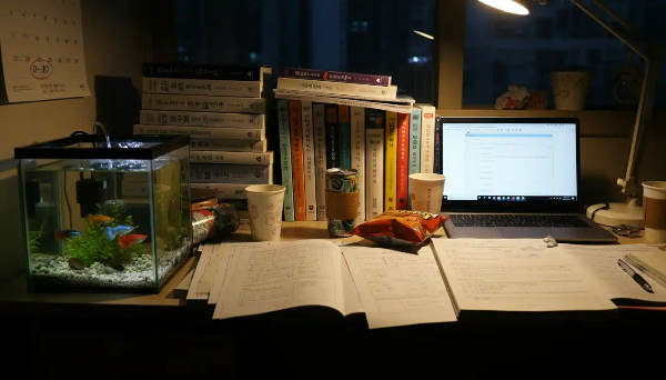 책상 위에 작은 어항이 놓여 있고, 지쳤을 때 어항을 보며 머리를 식히고, 공부 효율을 높이기 위한 공부 인테리어