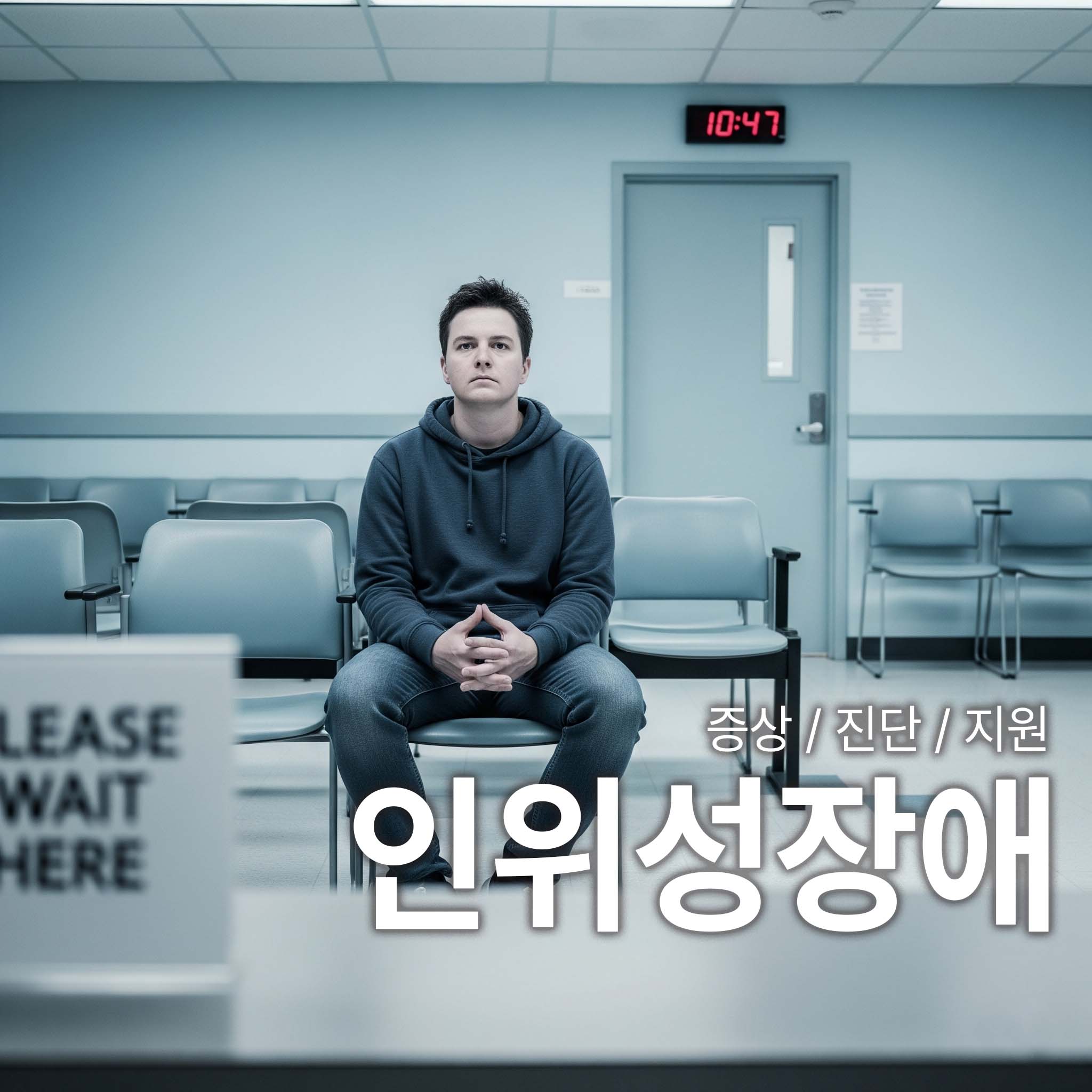 인위성장애를 가진 사람이 병원 로비에 앉아 불안한 표정으로 대기하고있다