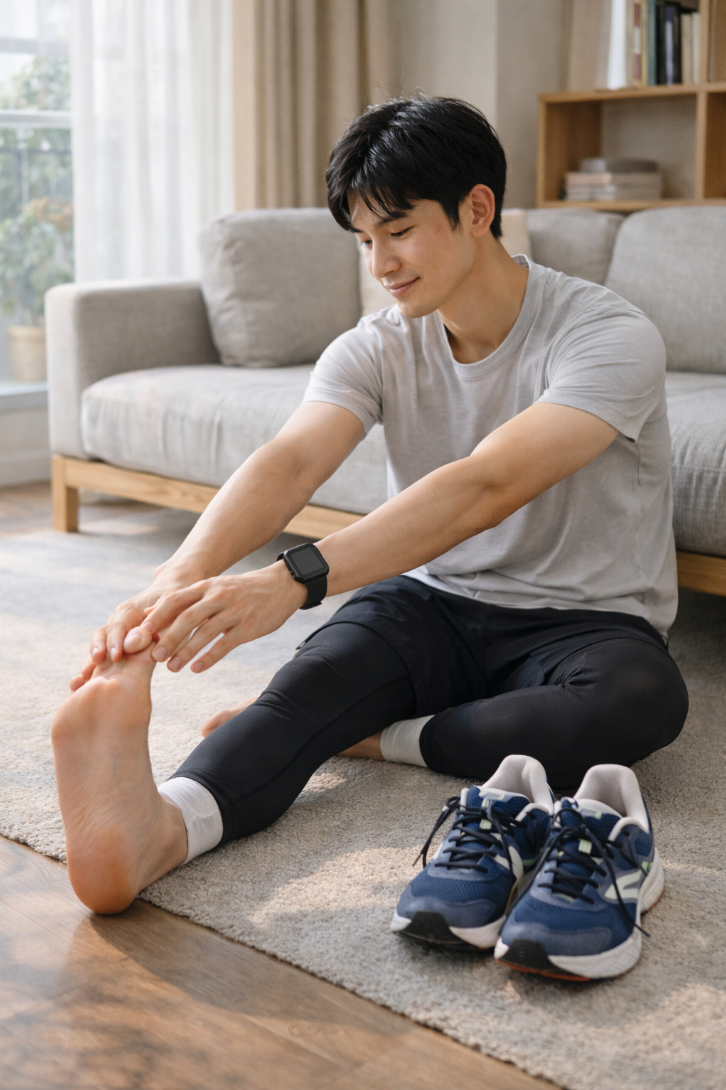 회복일에 집에서 다리를 풀어주는 초보 러너