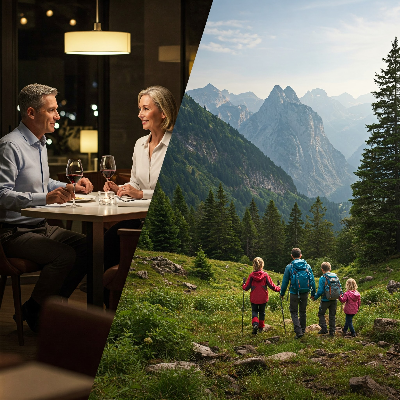 고급스러운 레스토랑에서 와인을 즐기는 커플의 모습 또는 아름다운 자연 속에서 트레킹을 즐기는 가족의 모습