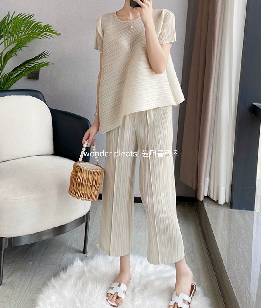 원더플리츠 프리미엄 언발 반팔 탑 팬츠 플리츠 세트