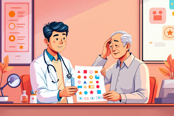 남자 의사가 노년 남성과 상담하며 도형이 그려진 검사지를 설명하는 장면