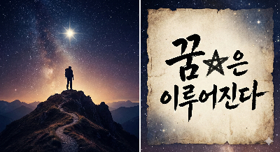 어두운 밤하늘에 밝게 빛나는 북극성 하나와 그것을 바라보며 산 정상에 서 있는 사람의 실루엣. 혹은 캘리그라피로 힘 있게 쓰인 '꿈★은 이루어진다'라는 글귀가 강조된 감성적인 이미지.