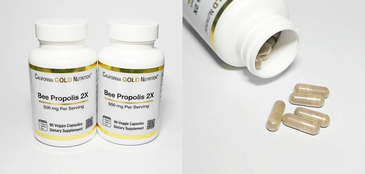 캘리포니아 골드 뉴트리션 CGN 프로폴리스 2X 캡슐 제품 외관과 캡슐 모습