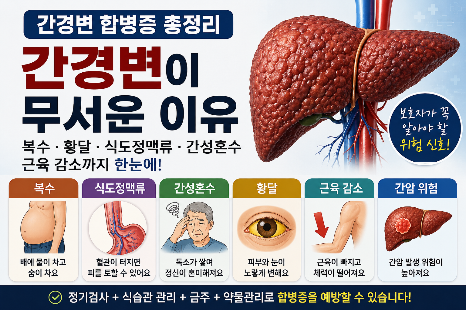 간경변으로 인해 복수, 황달, 식도정맥류, 간성혼수, 근육 감소 등 다양한 합병증이 발생하는 과정을 설명하는 의료 건강정보 썸네일 이미지