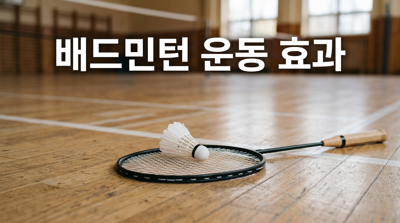 배드민턴 라켓과 셔틀콕이 놓인 실내 코트 사진