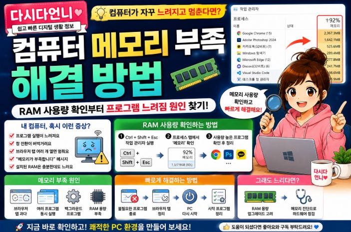 컴퓨터 메모리 부족 해결 방법｜RAM 사용량 확인부터 프로그램이 느려지고 멈추는 원인 찾기